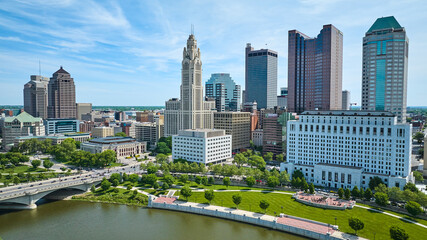 Downtown Columbus Ohio aerial over river looking at Thomas J. Moyer Ohio Judicial Center