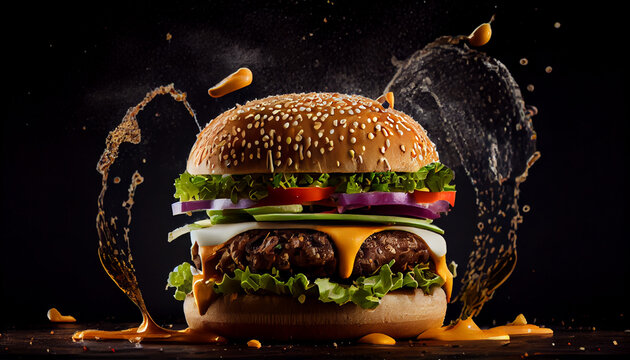  Tasty and delicious hamburger product photography, burger in a burger, Ai generated image 