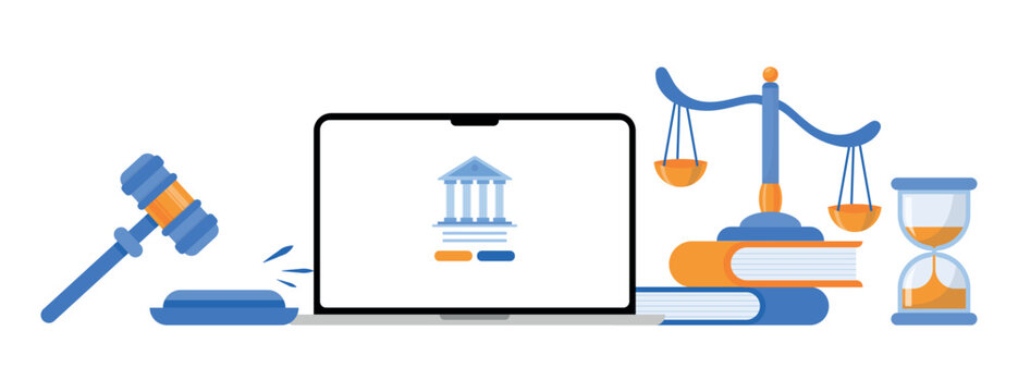 Set court and justice law online web. Services of a lawyer, attorney or notary. Law and protection of business interests in court. Books scales hummer of the judge. Flat vector isolated on background