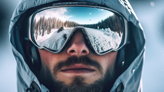 Close up of the ski goggles of a man with the reflection of snowed ski slopes. Man on the background blue sky. Wearing ski glasses. Winter Sports.