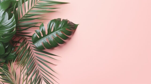 Green leaves of palm tree on pastel pink color background. Philodendron tropical leaves on coral color background minimal summer