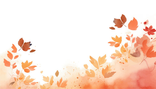 Abstract  watercolor autumn, orange, red, brown background with leaves and splashes. Vector illustration. Can be used for advertisingeting, presentation, design, invitation,  social media, web.