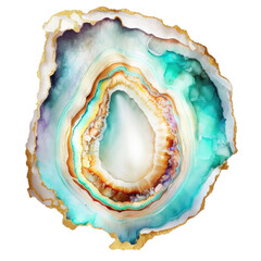 Teal iridescence agate geode slice with golden edges, gemstone watercolor illustration isolated with a transparent background, crystal mineral design created with Generative AI - obrazy, fototapety, plakaty