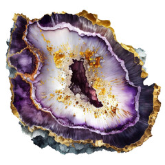 Fototapeta premium Purple agate geode slice with golden edges, gemstone watercolor illustration isolated with a transparent background, crystal mineral design created with Generative AI