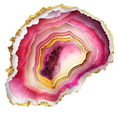 Pink agate geode slice with golden edges, gemstone watercolor illustration isolated with a transparent background, crystal mineral design created with Generative AI - obrazy, fototapety, plakaty