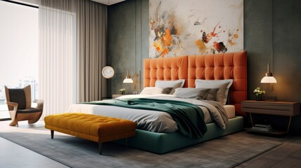 A Photo of Contemporary Bedroom with Upholstered Bed and Accent Wall. created with Generative AI technology
