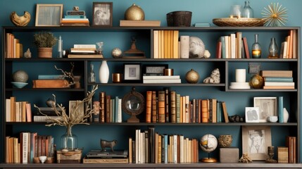 A Photo of Contemporary Bookshelf with Displayed Books and Decorative Items. created with Generative AI technology

