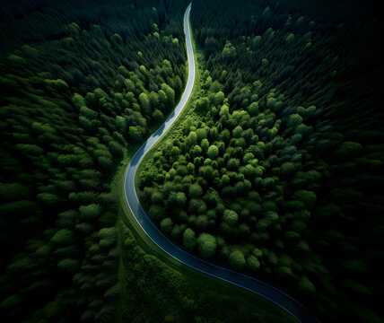 Aerial photo of a lush forest with a curve road from a top-down perspective. create a symmetrically pleasing composition