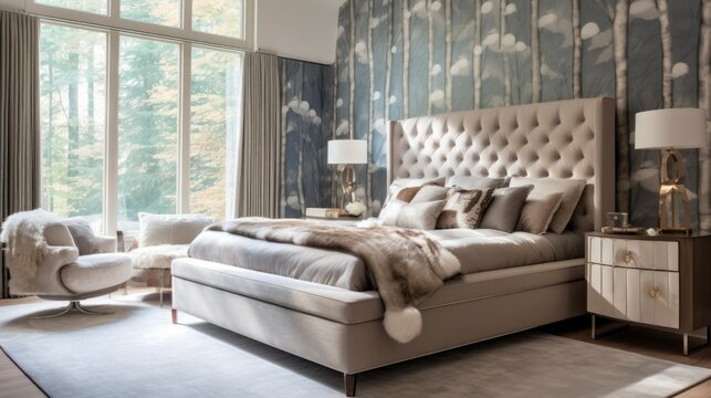 A Photo of Contemporary Bedroom with Upholstered Bed and Accent Wall. created with Generative AI technology
