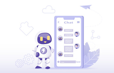 Artificial Intelligence (AI) technology concept. Talking, chatting, texting between AI robot and human with natural language on mobile application. Flat vector design illustration.