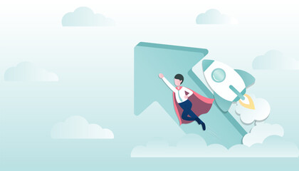 Business ideas concept. Businessman flying up to the sky with rocket and arrow to success. Symbol of progressive, stronger, growth up, improvement, challenge. Flat vector design illustration.