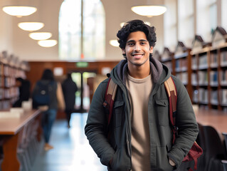 Young smiling Indian male student standing in university library with backpack