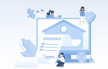 Mortgage real estate contract. Business people signing signatures to buy or rent property using a mortgage. House Loan, Rent and Mortgage concept. Flat vector design illustration.