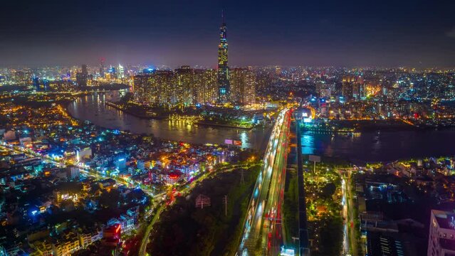 Traffic in Ho chi minh city or Saigon city at night, Vietnam.
