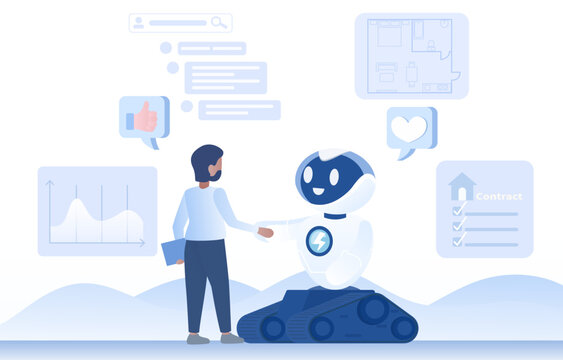 Artificial Intelligence (AI) technology concept. Real estate, Artificial Intelligence (AI) technology has revolution the way property are bought and sold. Flat vector design illustration.