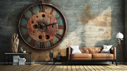 Fotobehang A Photo of Industrial Style Wall Clock as a Statement Piece. created with Generative AI technology © Rainbow Stock