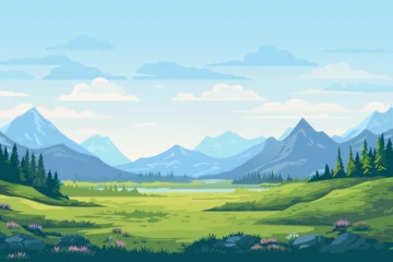 Poster Im Rahmen Beautiful landscape vector illustration. Beautiful landscape of mountains, mountain lake, forests and meadows with flowers. Beautiful landscape for printing. © LoveSan