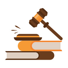 Court and justice law concept. Services of a lawyer, attorney or notary. Law and protection of business interests in court. Books and gavel of the judge. Flat vector isolated on white background.
