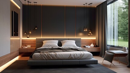 A Photo of Minimalist Bedroom with Floating Nightstands and Ambient Lighting.  created with Generative AI technology