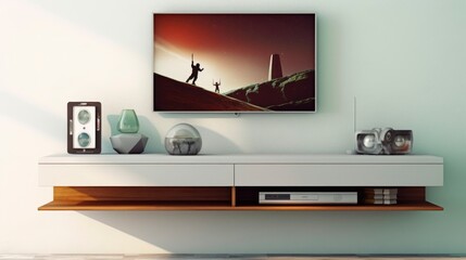 A Photo of Minimalist Floating TV Stand with Entertainment Center. created with Generative AI technology
