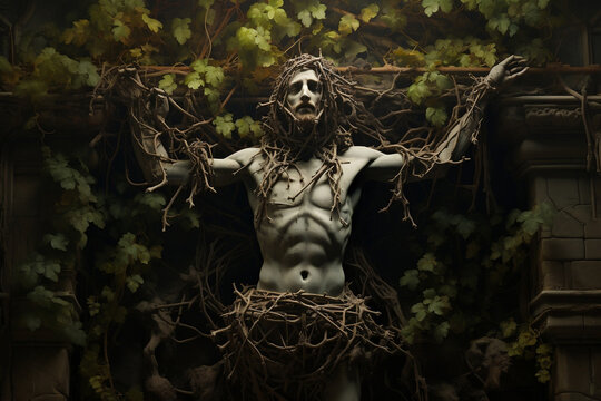 Crucifix amid overgrowth of vines and leaves, nature reclaiming symbol