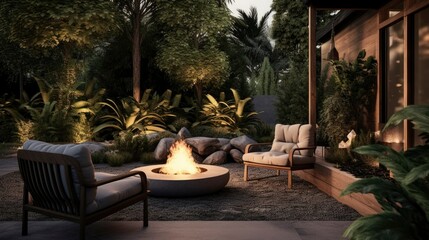 A Photo of Contemporary Outdoor Patio with Cozy Lounge Furniture. created with Generative AI technology