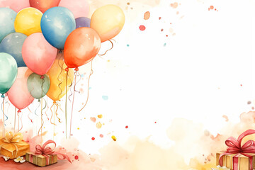 Artistry in celebration Charming watercolor birthday border design with balloons, presents, confetti, and cakes
