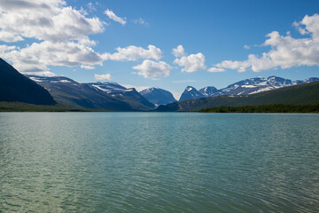 View over mountain Kebnekaise by a lake in north of sweden