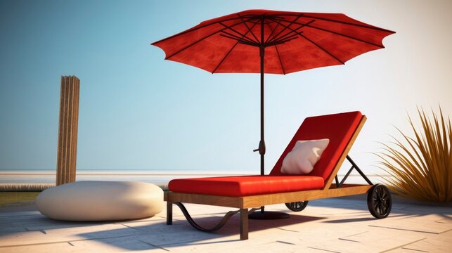 A Photo of Modern Outdoor Lounge Chair with Cushions and Umbrella. created with Generative AI technology