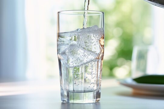 Pouring soda water from bottle into glass.