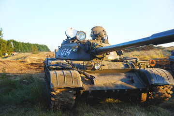 T-55 tank of the Soviet Union, stands on the field,