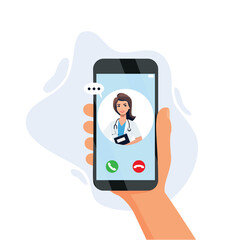 nline medicine concept vector illustration. Cartoon flat human hand holding smartphone with video call to doctor character on screen, using mobile advise or consultation service app isolated on white