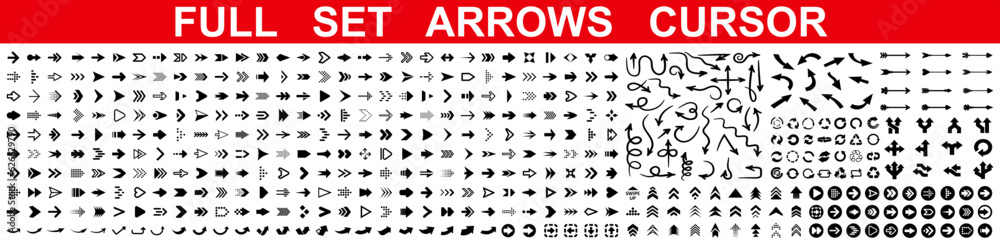 Poster Set arrow icons, universal big collection different arrows sign, set different cursor arrow direction symbols in flat style, black arrows icons – stock vector