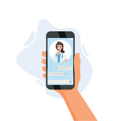 nline medicine concept vector illustration. Cartoon flat human hand holding smartphone with video call to doctor character on screen, using mobile advise or consultation service app isolated on white