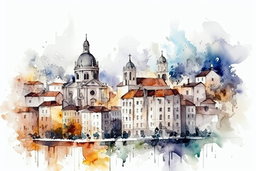 Fototapeta na wymiar View of the old town painted in watercolor