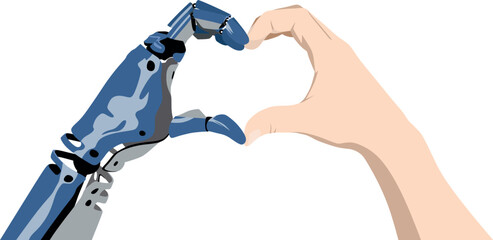 Prosthetic hand and normal hand showing a heart sign