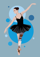 Young Ballerina in black dress with prosthetic leg dancing with blue elements on background