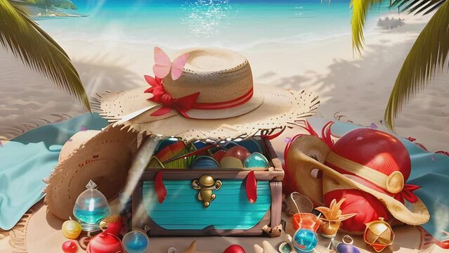 Tropical beach during summer with straw hat and blue pirate treasure chest. Cartoon or anime illustration style. seamless looping 4K time-lapse virtual video animation background.
