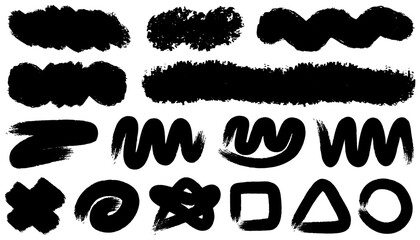 Brush stroke set isolated, wavy and swirled brush strokes pattern, bold curved lines and squiggles marker stripe, hand drawn pencil lines and squiggles, scratchy strokes and swirls with rough edges