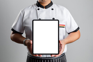 Interactive Culinary Experience with Talented Male Chef | Empty White Screen on Tablet for Custom Content | Kitchen Innovation Unleashed