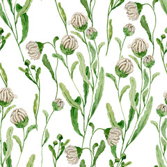 Floral subtle seamless pattern. Delicate wildflowers, daisy buds, leaves  repeatable background. Fabric, textile, surface, wedding invitation, print, broshure, poster, postcard