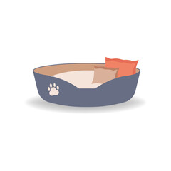 Cute dog or cat bed decorated with paw pattern in cartoon style isolated on white background. Pet accessory, comfortable crib, basket for rest