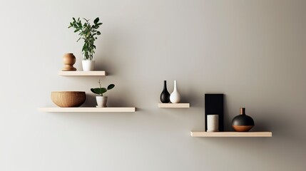 A Photo of Minimalist Floating Shelves with Decorative Objects. created with Generative AI technology