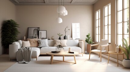Naklejka na ściany i meble A Photo of Minimalist Scandinavian Style Living Room with Neutral Tones, created with Generative AI technology