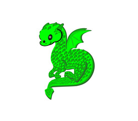 Cartoon dragon in green on a white background. Vector illustration