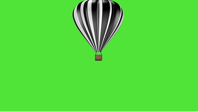3D animation, a hot black white air balloon takes off against the background of a green screen.  Travel and vacation concept.