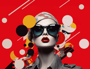 Pop collage Illustration of a beautiful female fashion model with sunglasses over scolorful and...