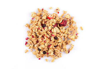 Muesli oat cereals close up background with dry fruits