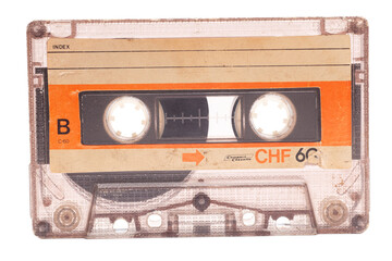 Close up of retro audio cassette tape,side B, isolated on white background, vintage 80's music concept.