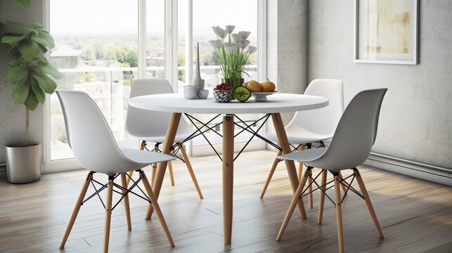 A Photo of Scandinavian Style Dining Table with Eames Chairs, created with Generative AI technology